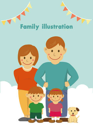 Family illustration of four with a dogのイラスト素材