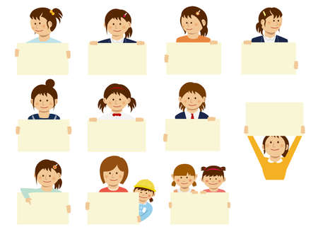 Women holding a paper Board (placard) illustration setのイラスト素材