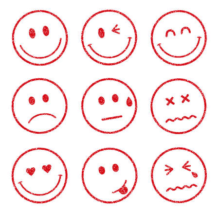 emoticons smiley face stamp icon set (smile, cheerful, sad, heart, wink, crying, etc.)のイラスト素材