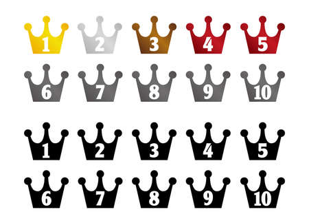 Crown ranking illustration set. from 1st place to 10th place. A color version and black version.のイラスト素材