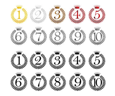 wreath frame ranking illustration set. from 1st place to 10th place. A color version and black version.のイラスト素材
