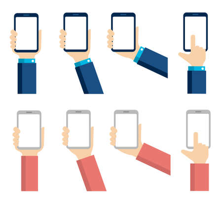 Hand holding smartphone in flat vector illustration setのイラスト素材