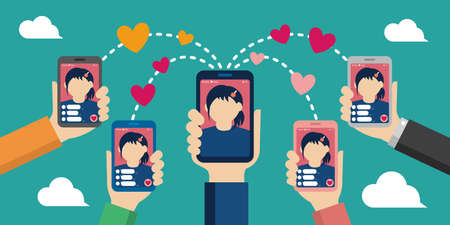 Internet communication with SNS/Live chat app. Flat vector illustration.
