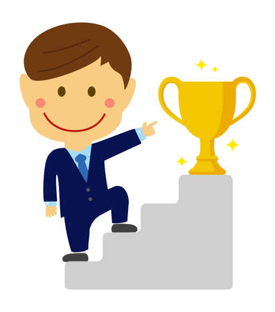 deformed cartoon businessman illustration of going up the stairs aiming at trophy ( asian worker )のイラスト素材
