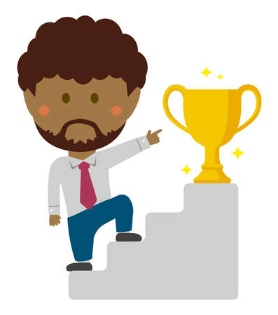 deformed cartoon businessman illustration of going up the stairs aiming at trophy ( black businessman )のイラスト素材