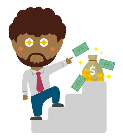 deformed cartoon businessman illustration of going up the stairs aiming to get money ( black businessman )のイラスト素材