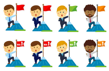 Cartoon illustrations set of a businessman (asian, japanese, american etc.) grabbing a flag on top of the mountain. metaphorical expression of an ambitious businessman.のイラスト素材
