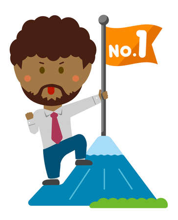 Cartoon illustration of a businessman (black people) grabbing a flag on top of the mountain. metaphorical expression of an ambitious businessman.のイラスト素材