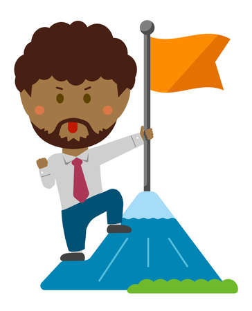 Cartoon illustration of a businessman (black people) grabbing a flag on top of the mountain. metaphorical expression of an ambitious businessman.のイラスト素材