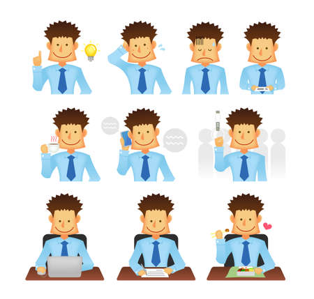 Asian business person vector flat illustration set (upper body) / various business situations (commuting, coffee break, wo rking with computer, talking on phone etc.)のイラスト素材
