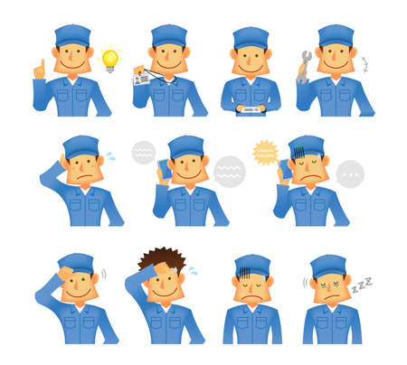 Young asian (Japanese, Korean etc.) blue collar worker (upper body) vector illustration set (engineer,repairman,mechanic,de livery man etc.)のイラスト素材