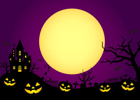 Halloween silhouette background vector illustration. Poster (flyer) template design (text space) / purpleのイラスト素材