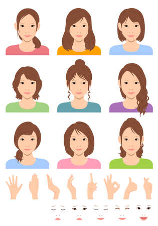 Young woman vector illustration set / hair style variation / hand gesture and emotional face pattern setのイラスト素材