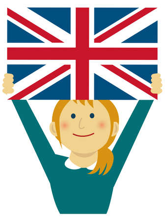 Cartoon woman with national flags / UK ( upper body). Flat vector illustration.のイラスト素材