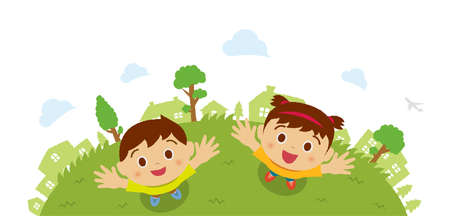 Kids (children / boy and girl) looking up into the sky (bird's eye view). Vector cartoon illustration.のイラスト素材