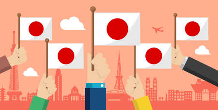 People holding the national flag in hand , vector banner illustration / Japan
