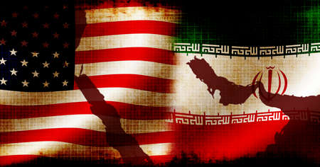 USA and Iran Waving Grunge Flags (Political Conflict) / Mixed with Middle East Mapの写真素材