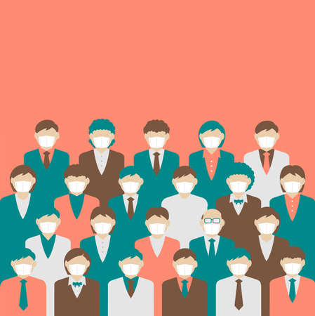 Faceless crowd wearing mask vector banner illustration / pandemic, Coronavirus (influenza , flu, hay...