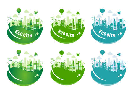Green eco city vector illustration set ( ecology concept , nature conservation )のイラスト素材