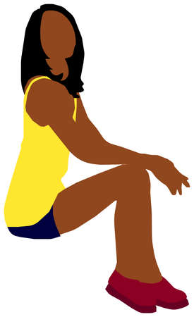 Sitting female person flat vector illustration (Black people)のイラスト素材