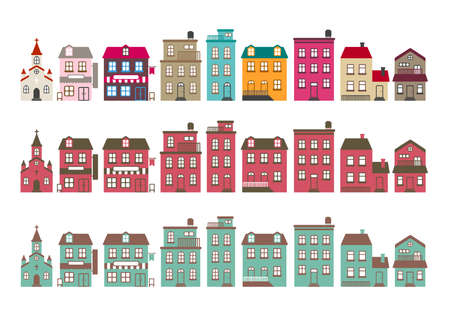cartoon building / house flat design illustration set (front view)のイラスト素材