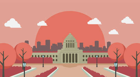 Japanese parliament building vector banner illustration / sunset, sunriseのイラスト素材