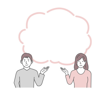 Vector illustration of a young man and woman (couple, family) introducing or navigating with speech bubble.のイラスト素材