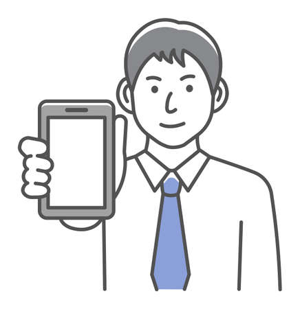 Young businessman showing smartphone display vector illustrationのイラスト素材