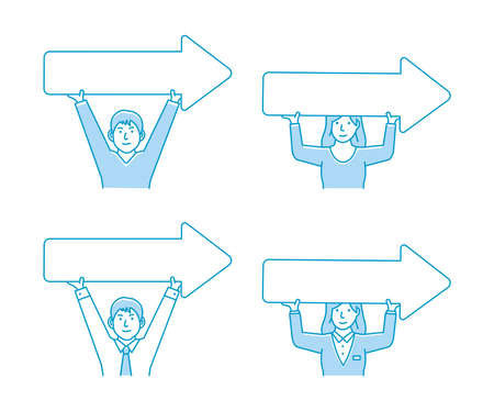 Young person holding arrow sign vector illustration setのイラスト素材