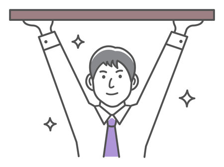 Young man holding object above. Vector illustration.のイラスト素材