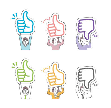 Young man and woman holding cardboard plate ( thumb up, thumb down ) illustration set.のイラスト素材