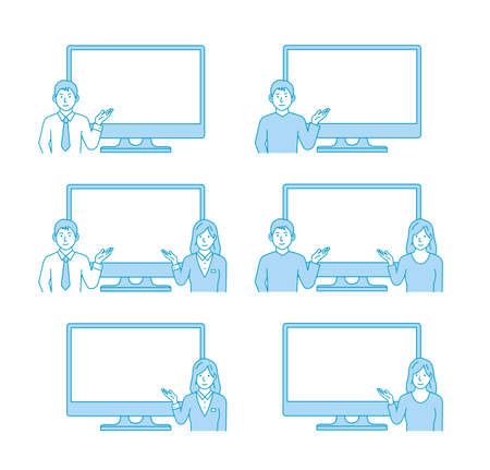Man and woman showing PC monitor. vector illustration set.のイラスト素材