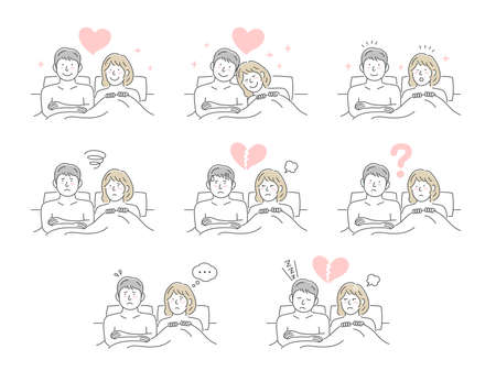 Vector illustration set of a young couple in bed (various situations)のイラスト素材