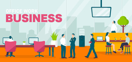 Modern office and workers horizontal vector illustrationのイラスト素材