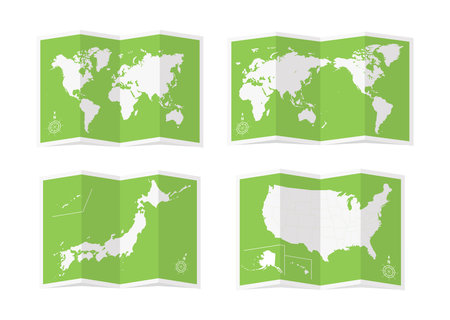 Vector illustration set of four-fold maps (world map, Japan, USA)のイラスト素材