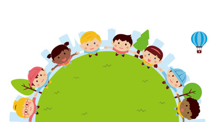 Vector illustration of children holding hands and looking up at the skyのイラスト素材