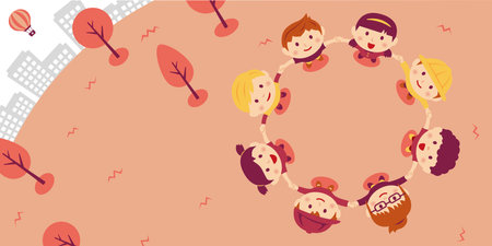 Vector banner illustration of children holding hands and looking up at the skyのイラスト素材