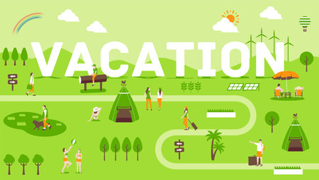 Horizontal banner illustration with outdoor and vacation motifsのイラスト素材