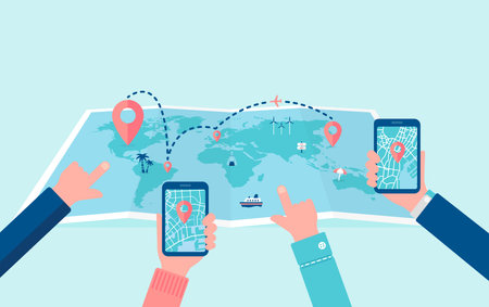 Vector illustration of a large world map and tourists