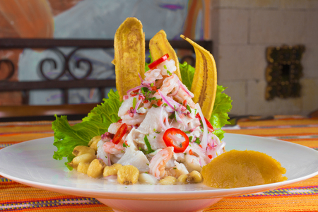 Traditional Peruvian Ceviche  with onions, pepper and banana snackの写真素材
