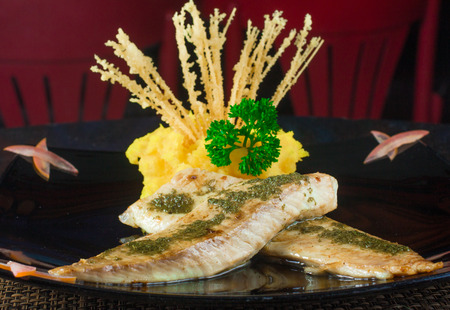 Meal of Tilapia Fillet with smash potoes and herbsの写真素材