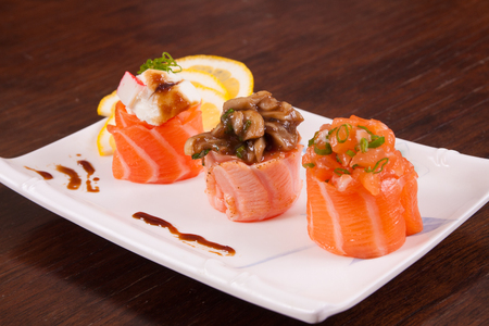Janponese Salmon Roll with shitake, kani and caviarの写真素材