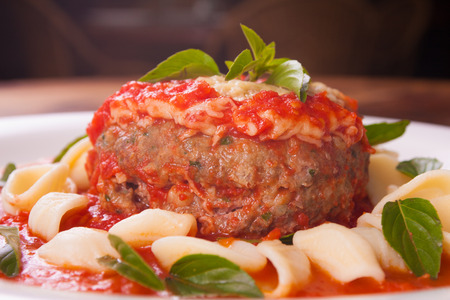 Meet Loaf Ball with cheese, pasta and tomato sauceの写真素材