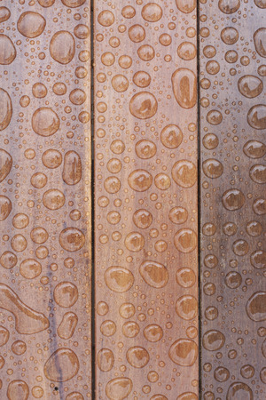 Beautiful bubbles on wood board after rainの写真素材