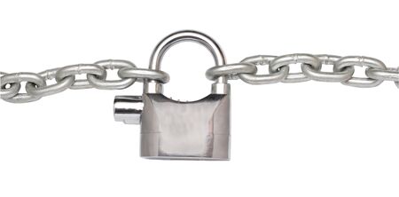 Closed padlock with a metal chain on white backgroundの写真素材