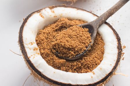 Coconut Sugar on white background. Low Glycemic Indexの写真素材