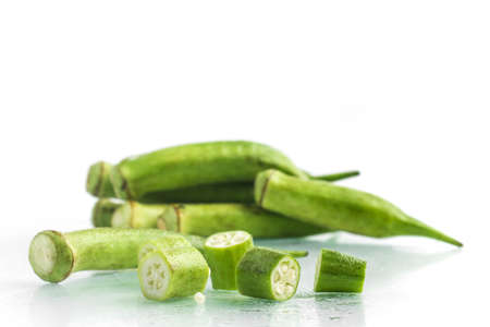 Sliced Organic Okra isolated on white backgroundの写真素材