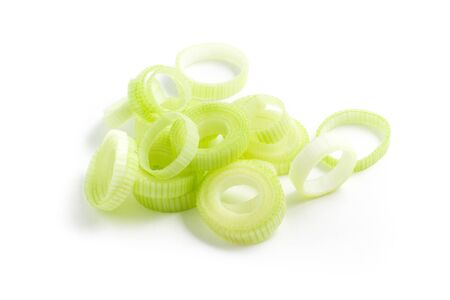 Fresh Sliced Leeks isolated on white backgroundの写真素材