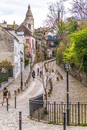 Paris, France - APRIL 8, 2019: City architecture details. Cozy Street. Cityscape of Paris, Franceのeditorial素材