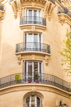 Paris, France - APRIL 8, 2019: Details of the architecture and facade of a building in Paris, France.のeditorial素材
